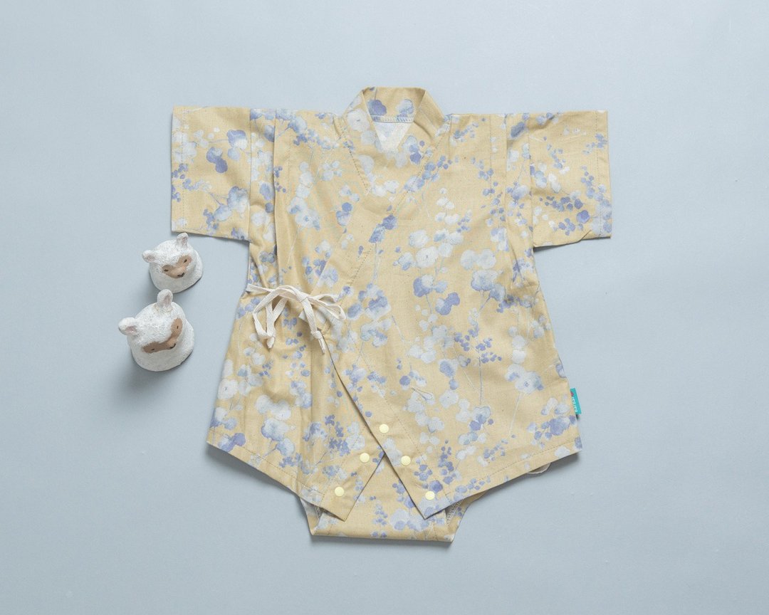 包屁甚平-花56 和服 浴衣 宝宝 抓周 新生儿 弥月 礼盒新生儿 - 包屁衣/连体衣 - 棉 卡其色