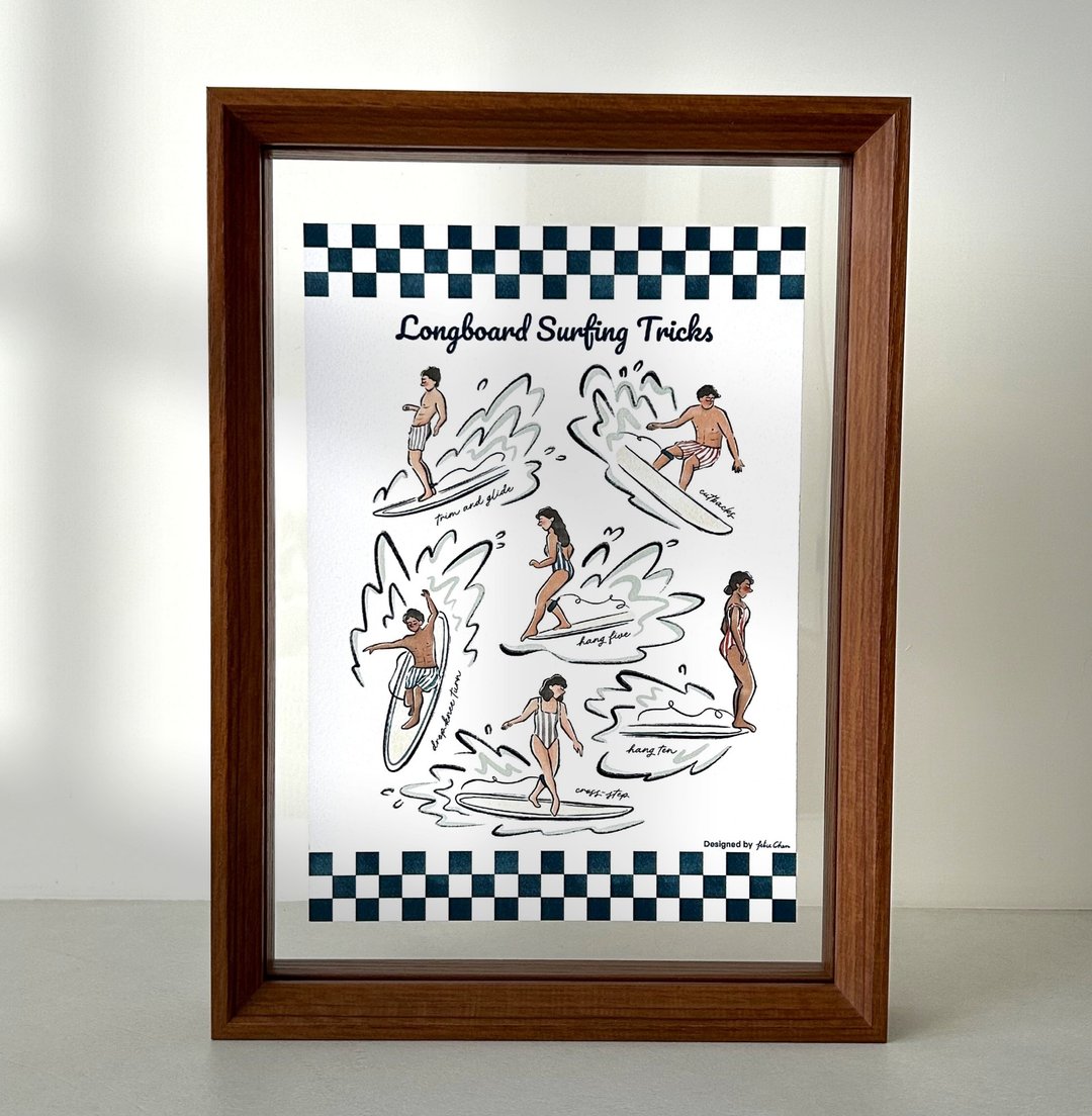 夏日海岛风插画 Longboard Surfing Tricks 水彩纸直喷含画框 - 海报/装饰画/版画 - 纸 白色