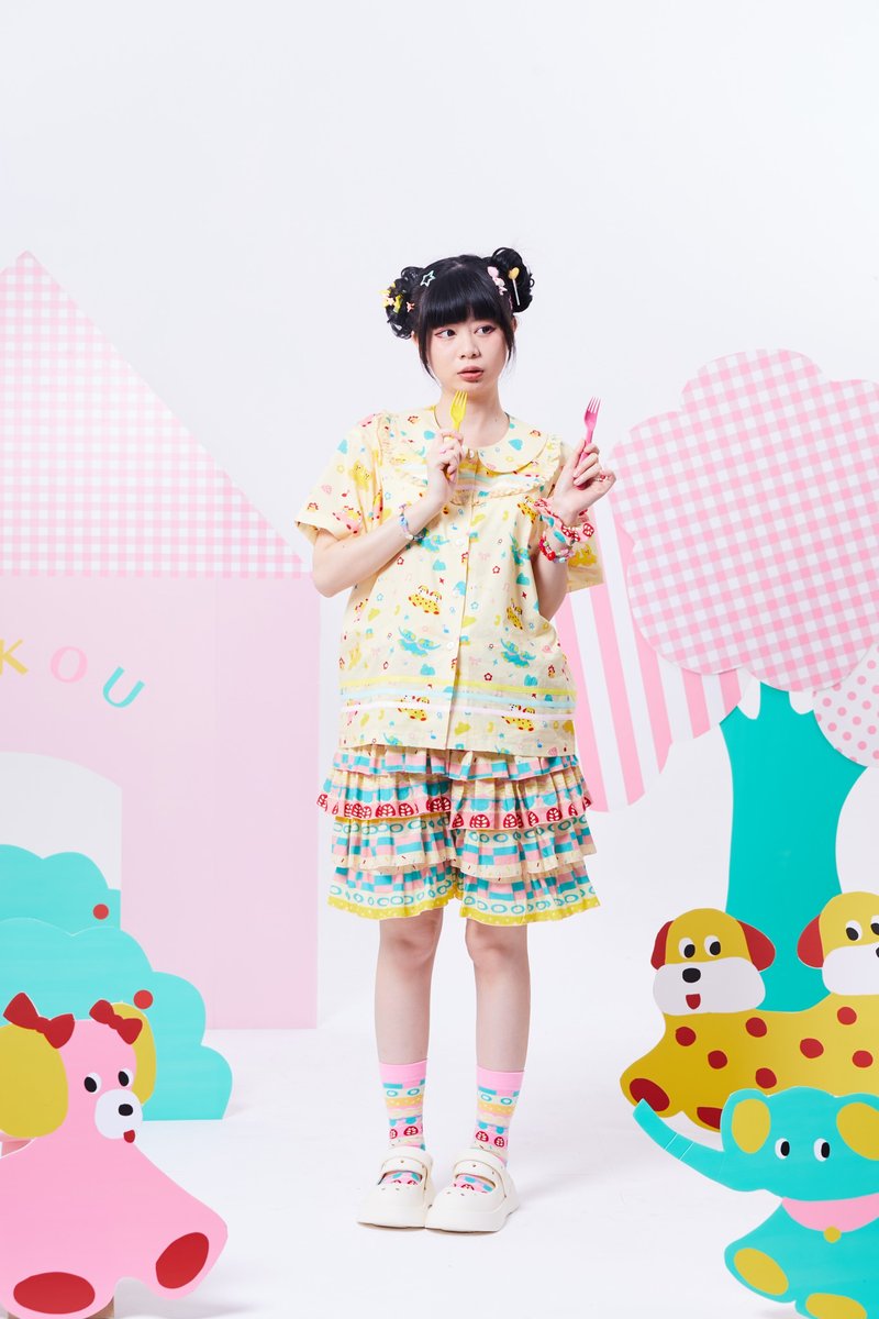 原创蛋糕夹心印花蛋糕裙裤裤裙松紧腰 - 女装短裤 - 棉．麻 多色