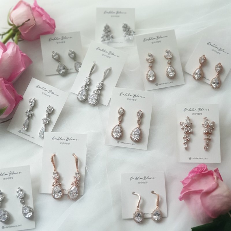 韩国莲花长型水滴水晶耳环耳针 新娘饰品 婚礼 派对宴会 - 耳环/耳夹 - 其他材质 