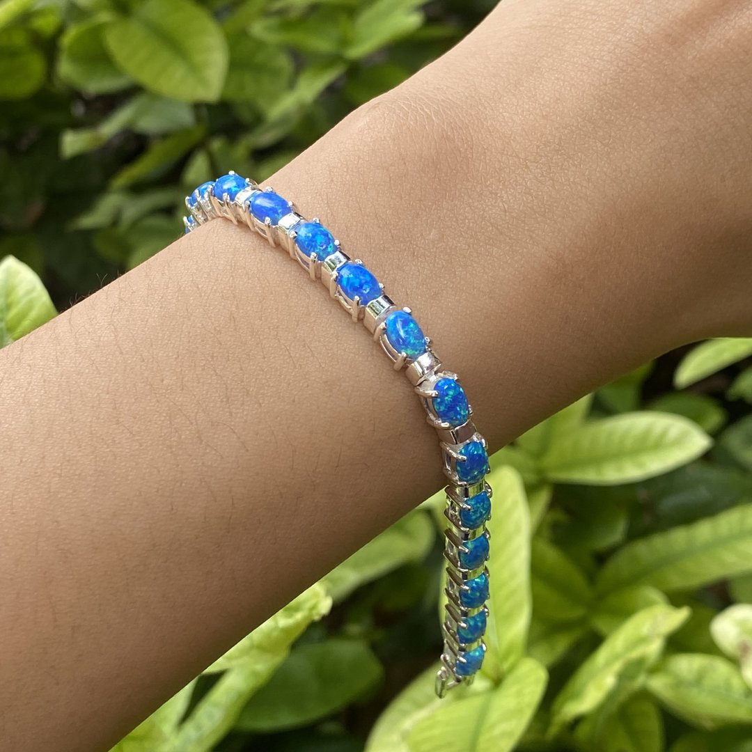 Stunning Quality Dark Blue Gilson Opal Tennis Bracelet 925 Sterling Silver - 手链/手环 - 纯银 蓝色