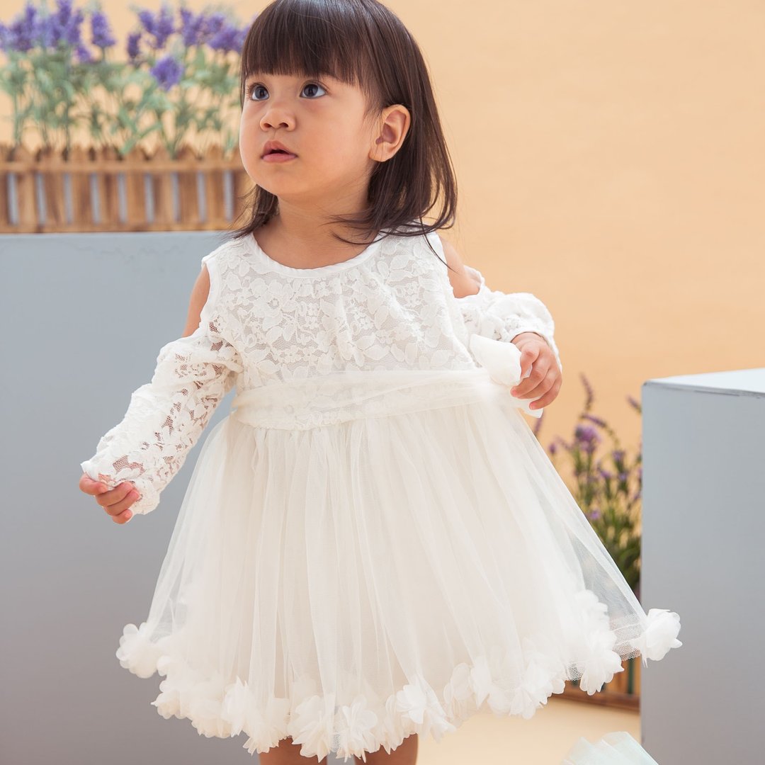 【Her Dress】经典手工小礼服系列  花朵裙摆– Lea - 童装礼服/连衣裙 - 棉 白色