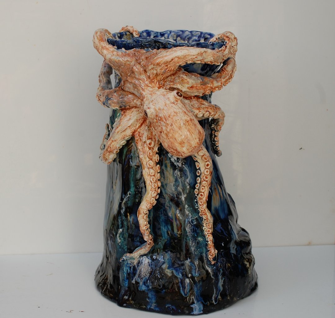 Sculpture octopus Large handmade ceramic vase Blue painting glaze Marine theme - 花瓶/陶器 - 陶 多色