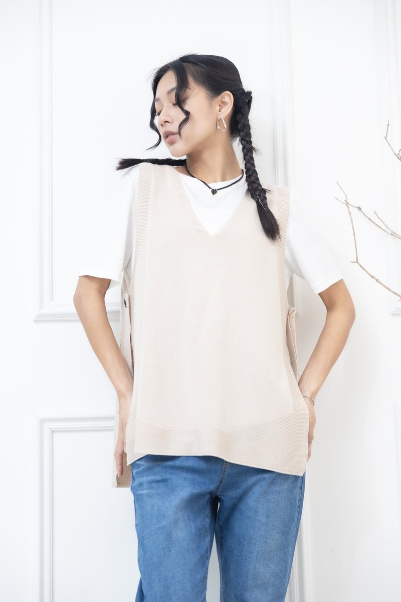 v领两侧绑带针织背心 米色 - 女装背心 - 其他材质 白色