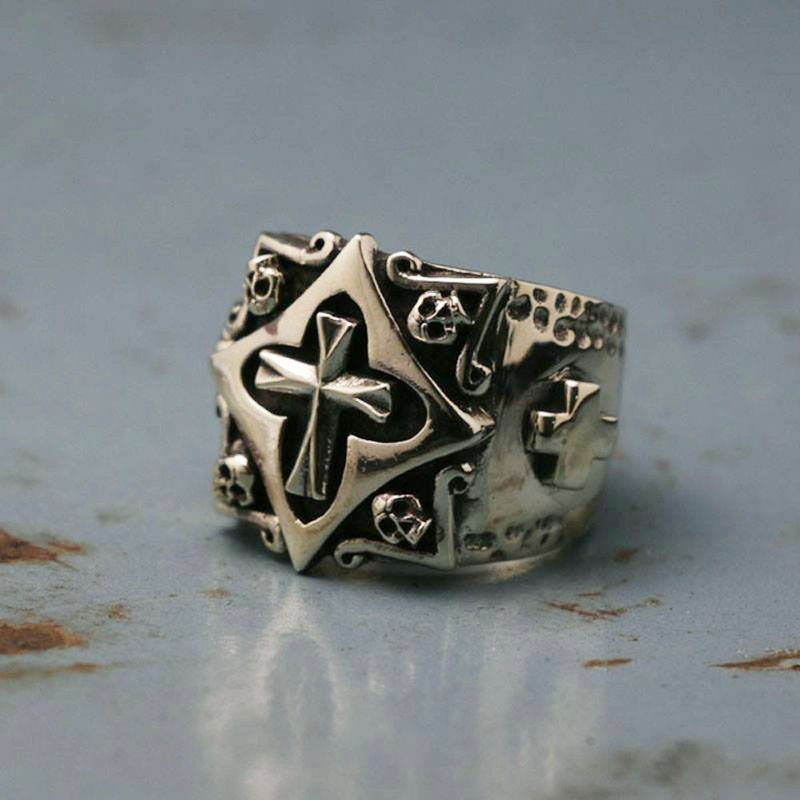 老式墨西哥骑自行车的人戒指头骨交叉基督耶稣纯银男子摇杆 - 戒指 - 其他金属 银色