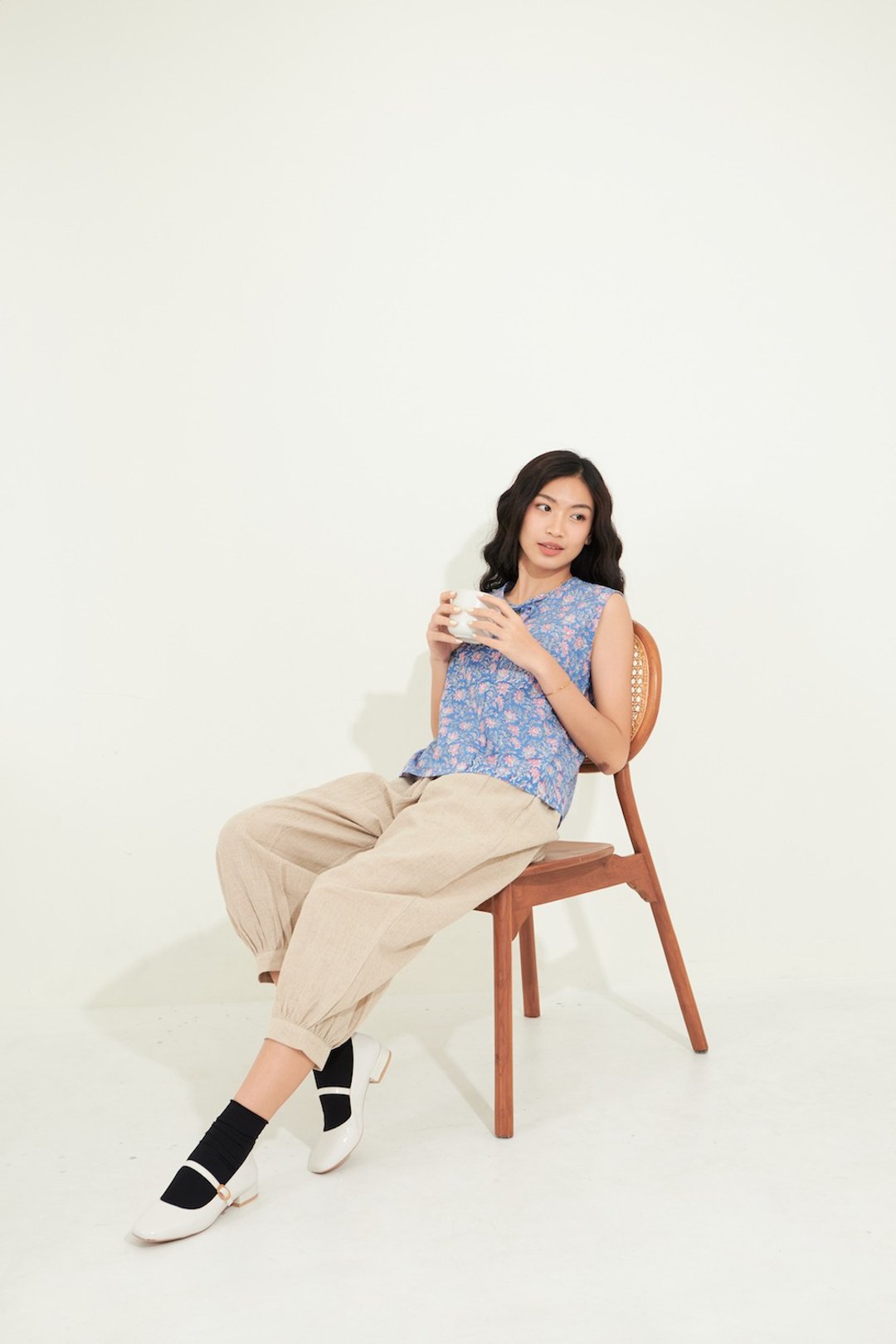 Cotton Block Stamp Tank top - 女装上衣 - 棉 蓝色