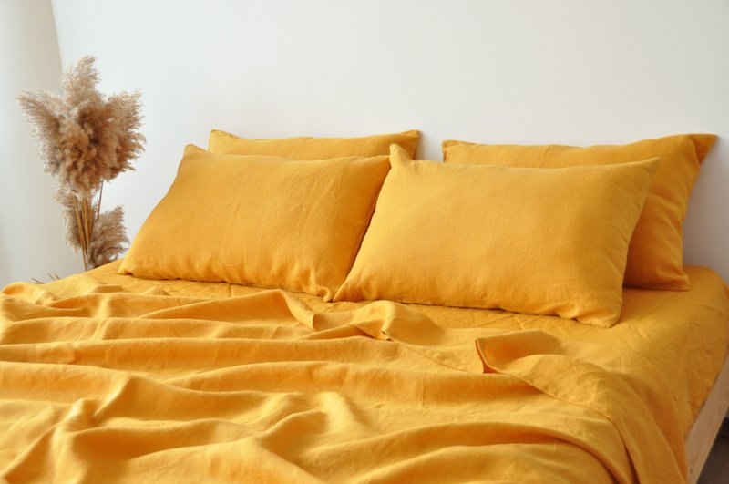 Turmeric linen sheet set / Flat+fitted sheet+2 pillowcases / Yellow bedding - 寝具 - 亚麻 黄色