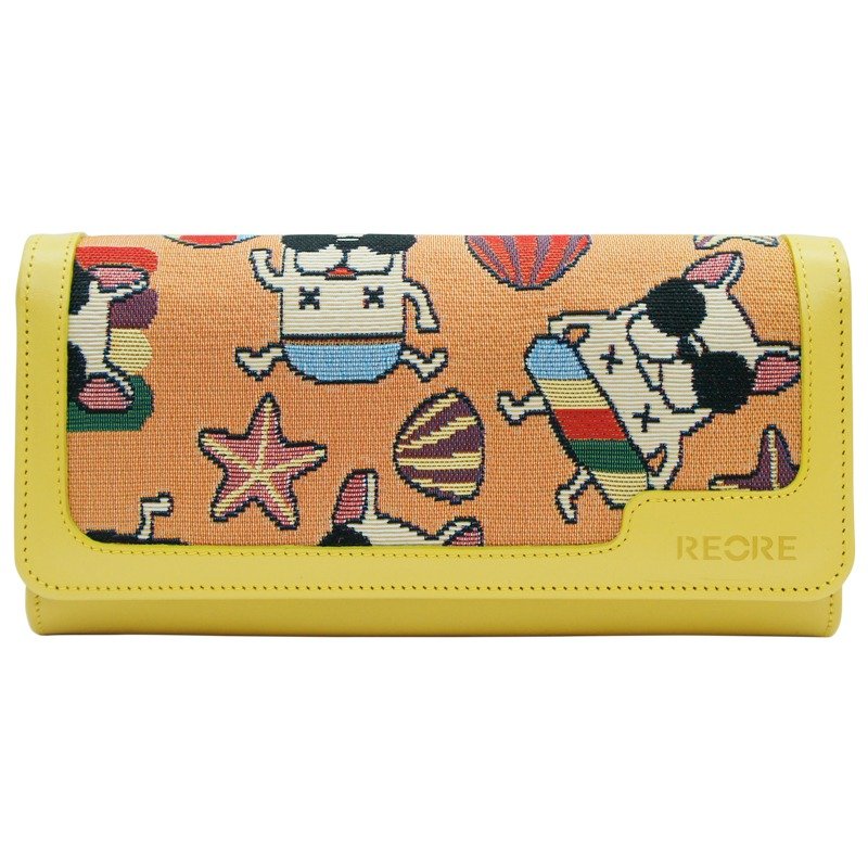 盖扣长夹  真皮/布防泼水 平织缇花 法斗夏日趣(亮橘) - 皮夹/钱包 - 其他材质 咖啡色