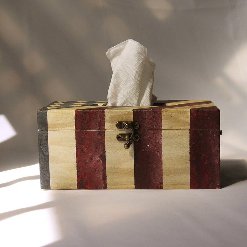 手绘美国国旗面纸盒 工业风风格 面纸盒 卫生纸盒 手作 收纳 松木 - 纸巾盒 - 木头 红色