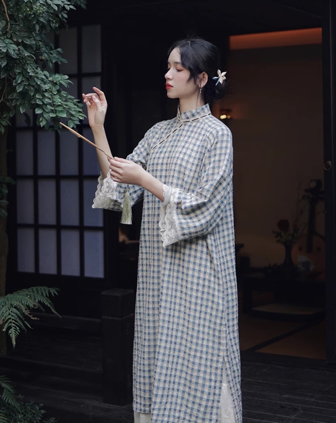 西瑶 复古格子改良旗袍 - 洋装/连衣裙 - 其他材质 蓝色