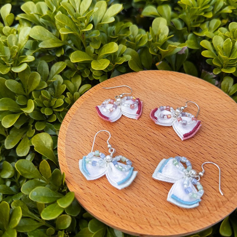 【糖果缎带】316L医疗钢刺绣串珠耳环(三色可选) - 耳环/耳夹 - 纯银 