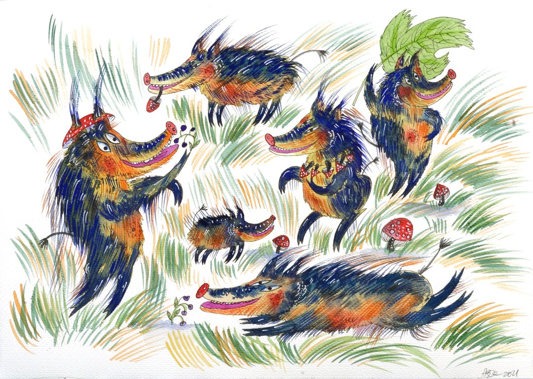 原画。有趣的动物。可爱的猪。野猪。原创水彩画 - 海报/装饰画/版画 - 纸 多色