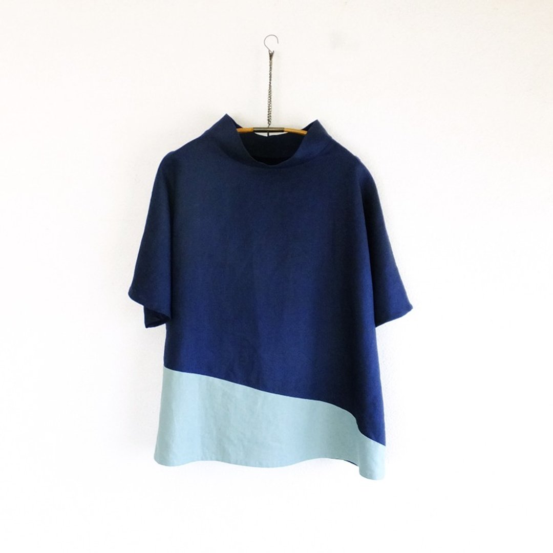 Linen 2 color pullover navy - 女装上衣 - 棉 蓝色