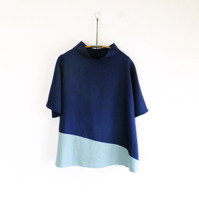 Linen 2 color pullover navy - 女装上衣 - 棉．麻 蓝色
