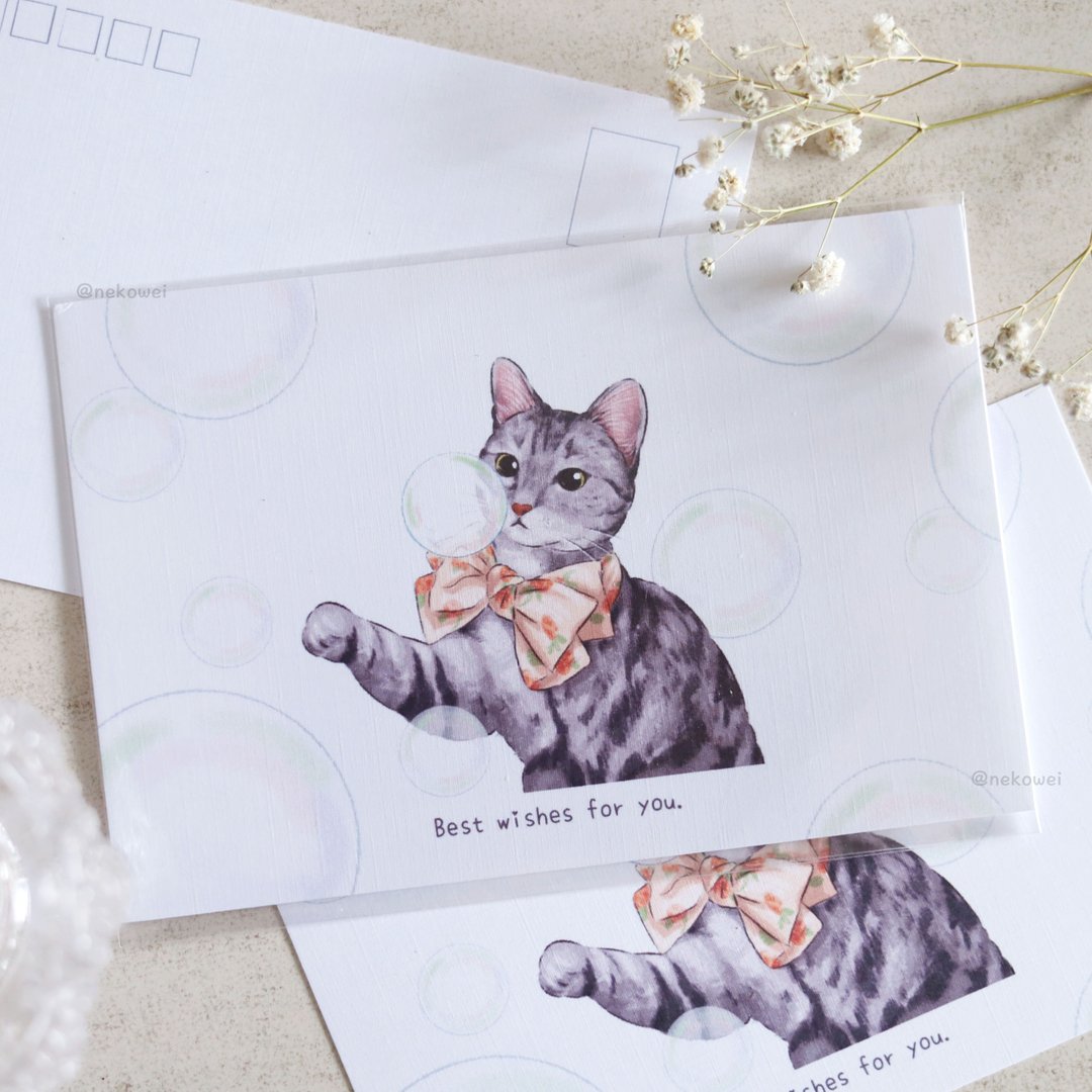 玩泡泡的猫 卡片 万用卡 明信片 贺卡 文创 猫咪 可爱 插画 - 卡片/明信片 - 纸 白色