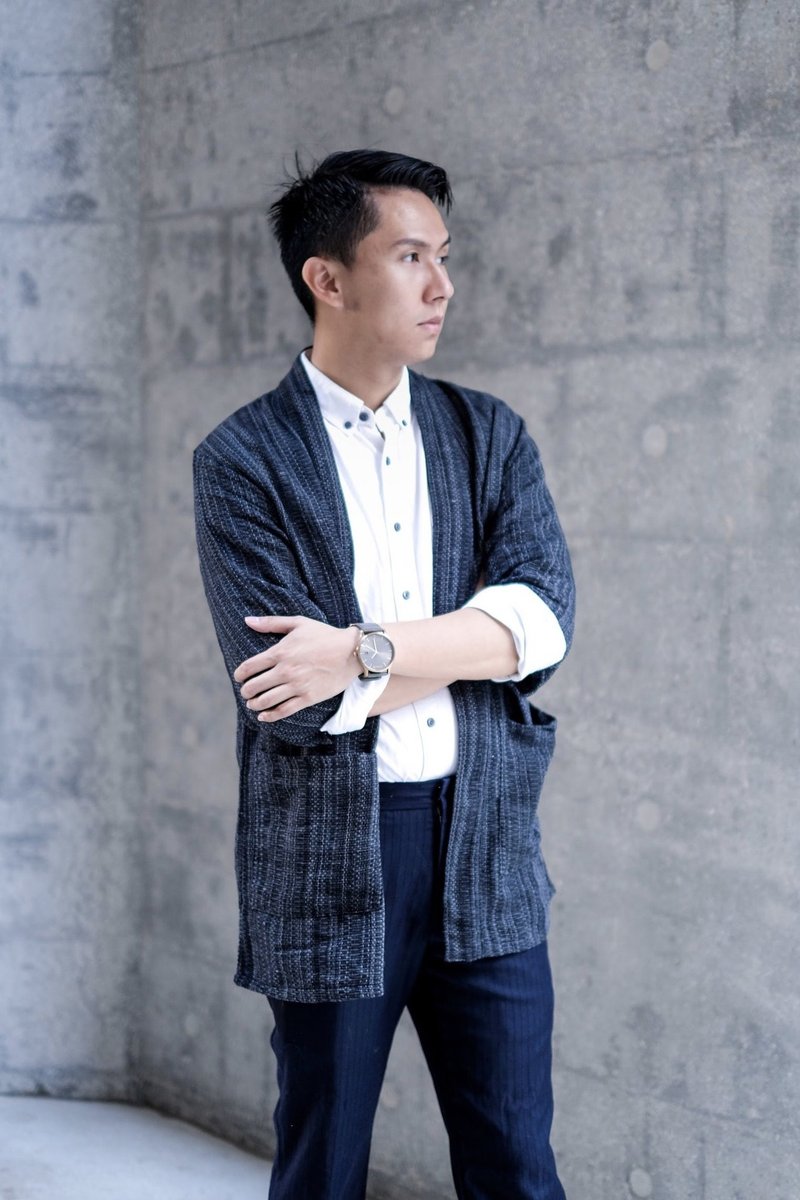 三保松原・手摇线和风外套 - 男装外套 - 棉．麻 蓝色