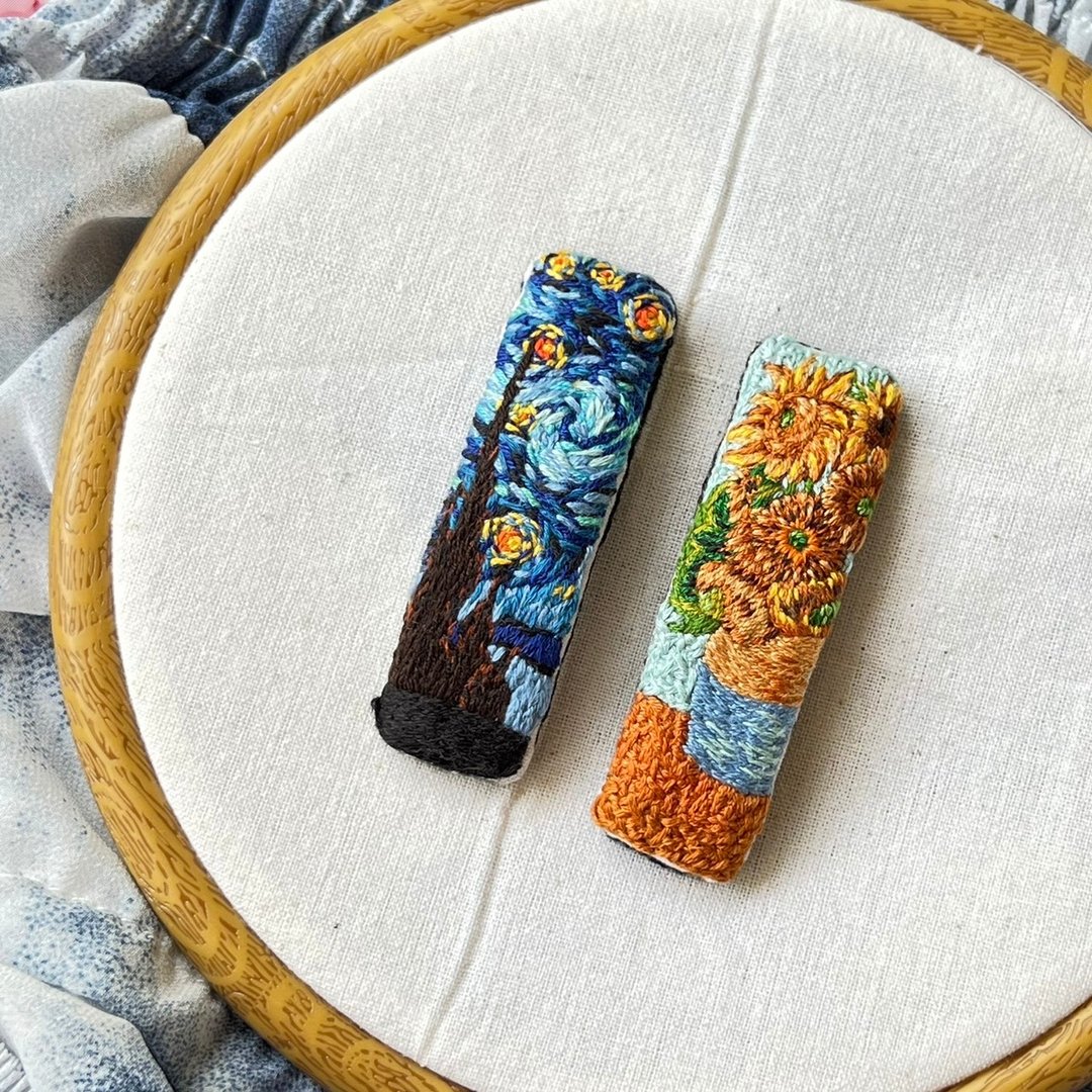 梵谷画作刺绣发夹 - 发饰 - 绣线 多色