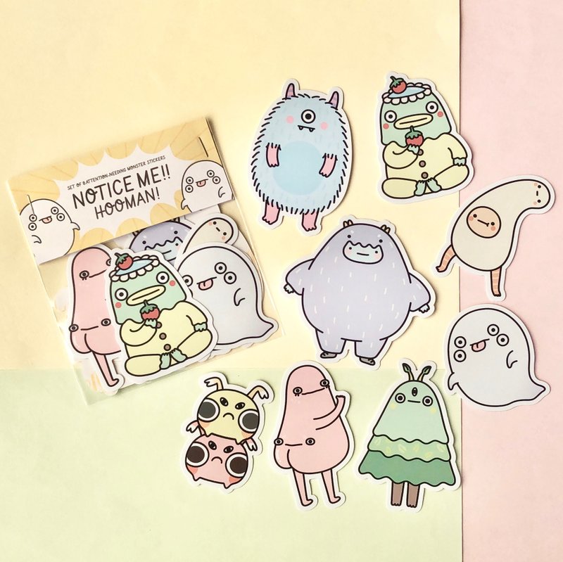 Notice ME! Hooman!! Sticker Pack | Set of 8 waterproof, monster stickers - 贴纸 - 纸 多色