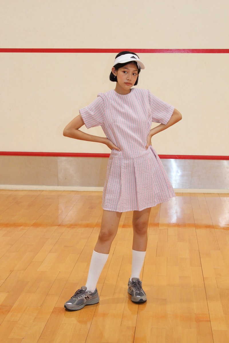 Highestjump flora dress (stripe grey-pink) - 洋装/连衣裙 - 棉．麻 粉红色