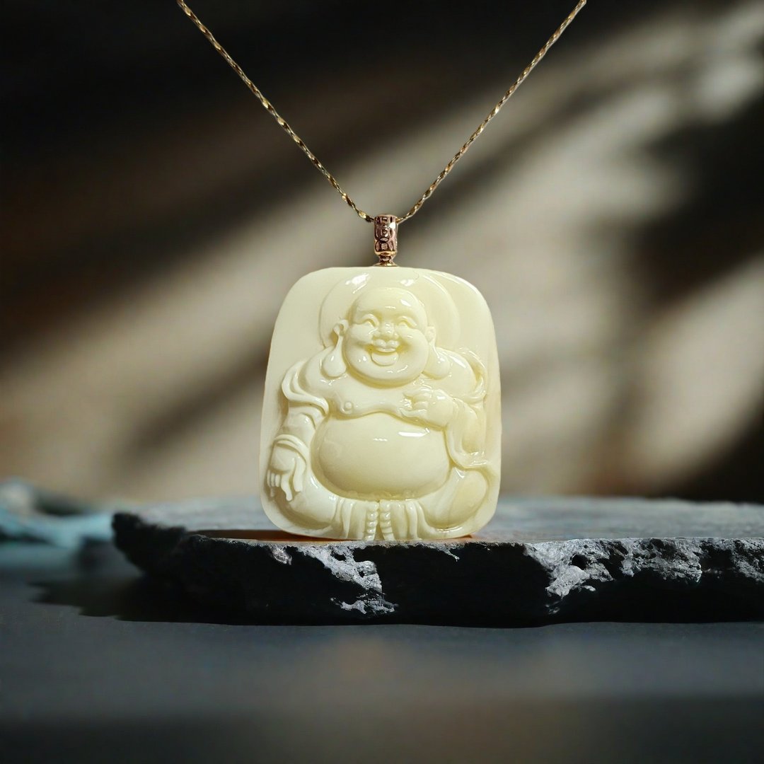 天然白蜜蜡吊坠 弥勒佛 18K 金头 不含项链 浮雕工艺 苏工意境 2% - 项链 - 半宝石 白色