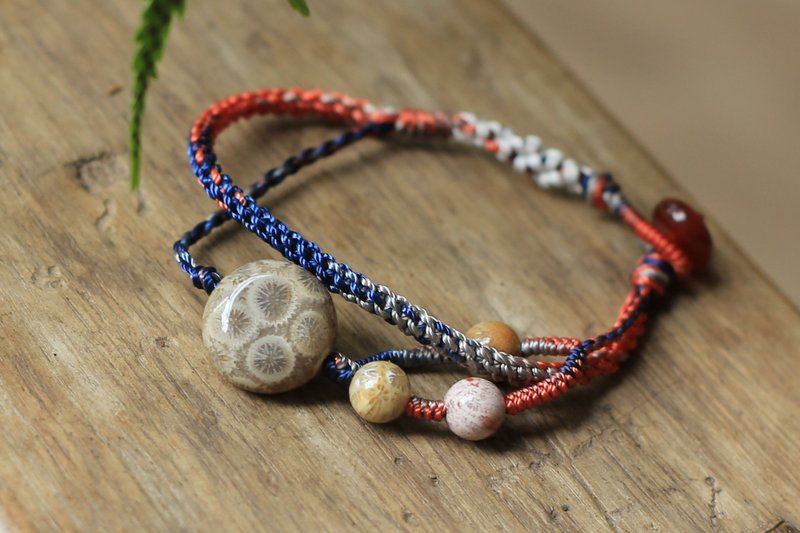 春秋原创 | 一物一图 天然珊瑚玉 太阳花 | 全手工双圈 幸运手绳 - 手链/手环 - 半宝石 