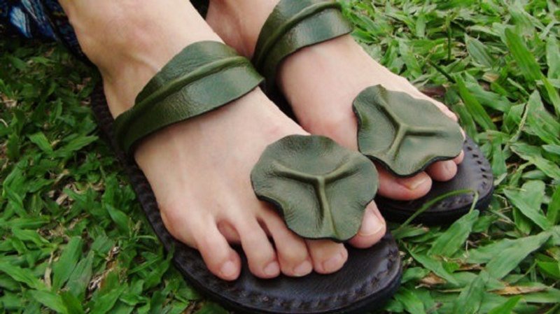 Women Leather Sandals, Men Leather Sandals  〚Lotus leaf〛 - 男女凉鞋 - 真皮 绿色