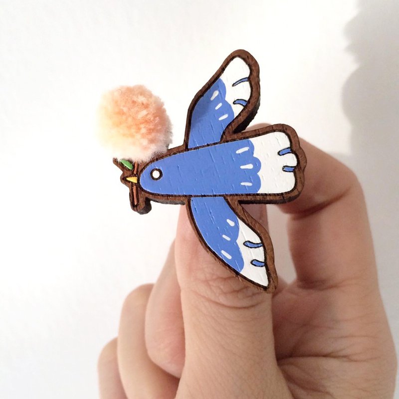Wooden brooch flower bird - 胸针 - 木头 蓝色