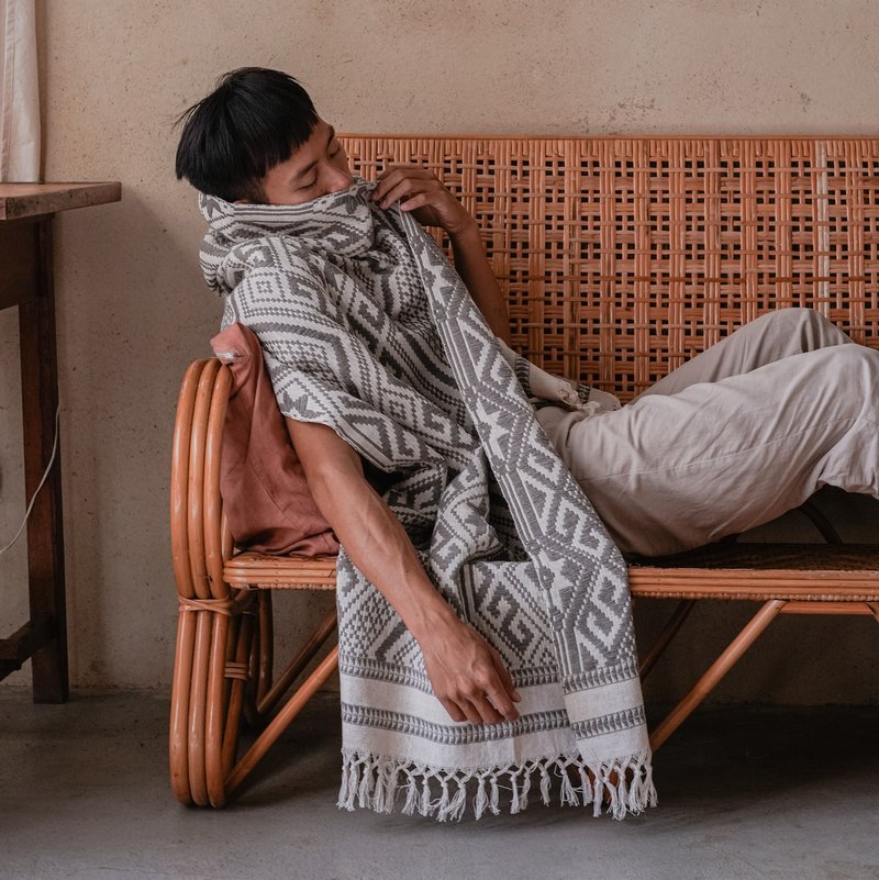 【日川】植物染手织纹饰/地毯/地垫/瑜珈/野餐/露营垫 - 地垫/地毯 - 棉．麻 蓝色