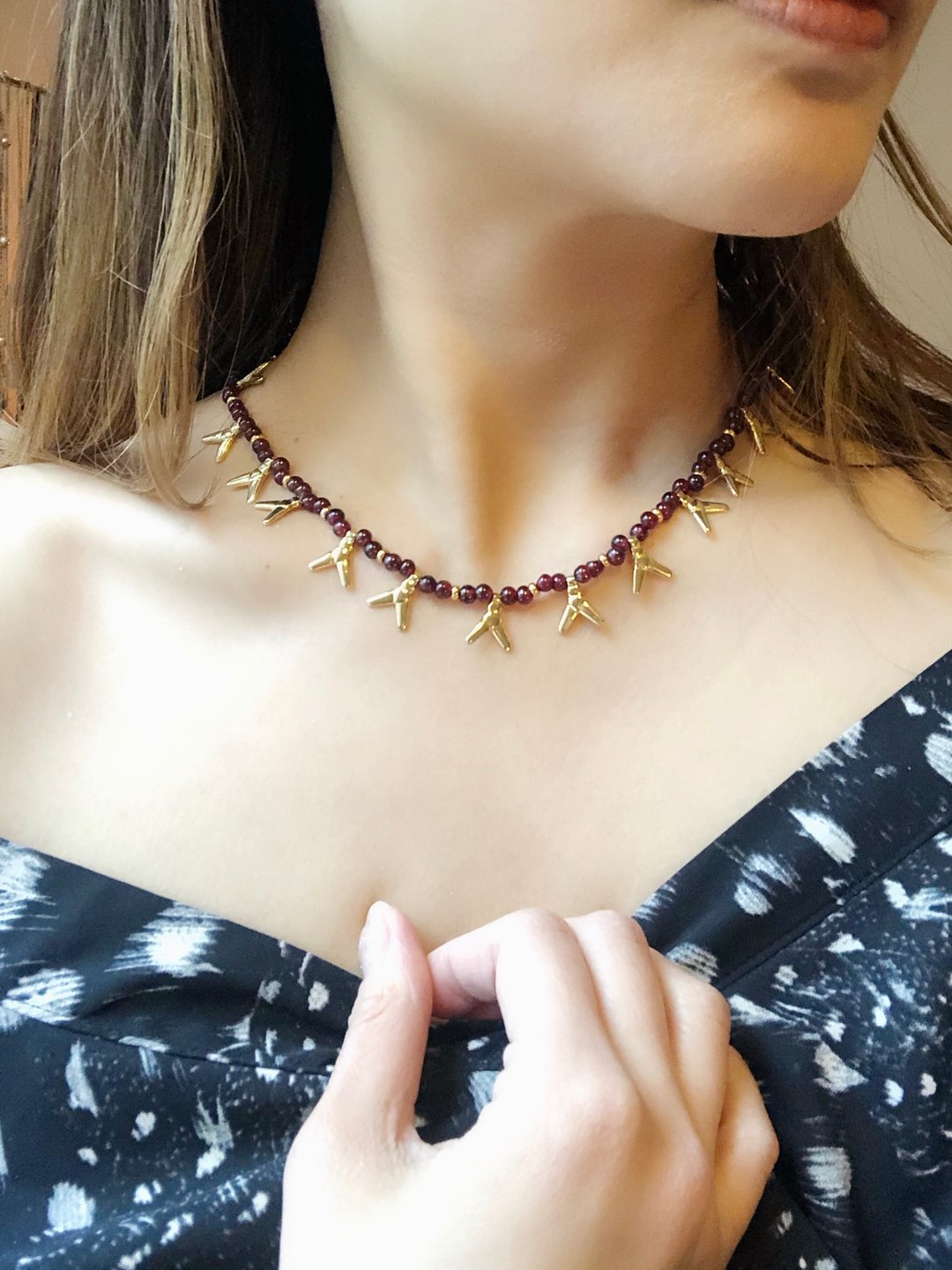 Vintage Mulberry Garnet Beads &amp; Charm Necklace - 项链 - 半宝石 红色