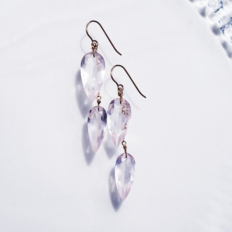 ☆With translation ★Rose quartz long faceted cut chandelier earrings ～Priscila - 耳环/耳夹 - 宝石 