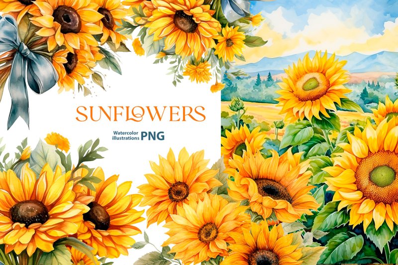 水彩向日葵插图，5 个花卉 PNG，夏季向日葵剪贴画 - 电子手帐及素材 - 其他材质 