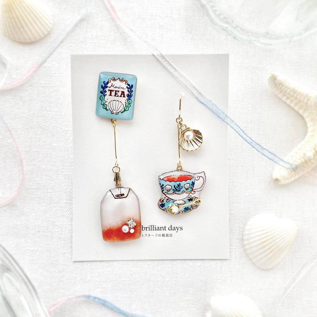 Teabag earring Marine 海的茶包耳环・耳饰 - 耳环/耳夹 - 塑料 蓝色