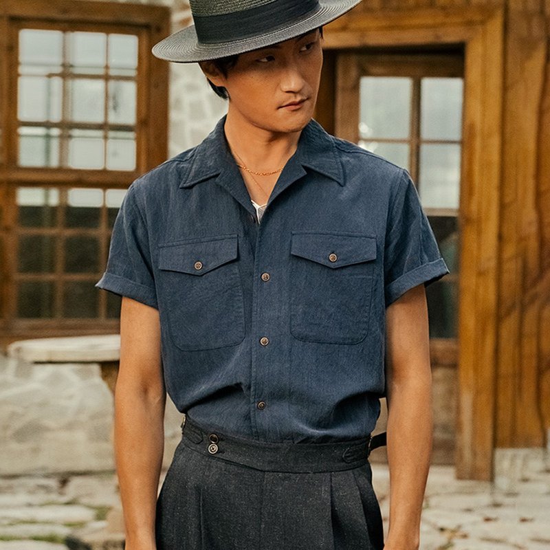 SOARIN美式复古天丝古巴领工装衬衫(2521C393) - 男装衬衫 - 棉．麻 蓝色