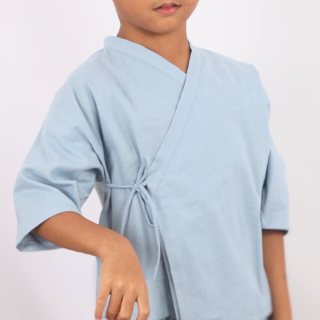 Kids Cotton Kimono Top, Wrap Top, Blue, Momo - 童装上衣 - 棉．麻 蓝色