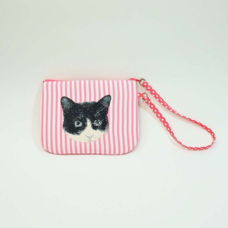 刺绣 手挽式零钱包07-猫 - 零钱包 - 棉．麻 粉红色