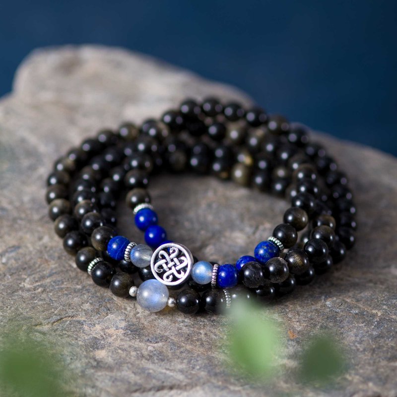 黑曜石青金石拉长石念珠手链| 925纯银 |天然水晶108佛珠多圈手链 - 手链/手环 - 水晶 黑色