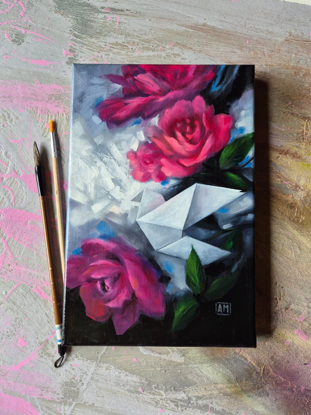 室内油画  画布尺寸 30-20 厘米  描绘了玫瑰和一只折纸鸟。 - 墙贴/壁贴 - 颜料 多色