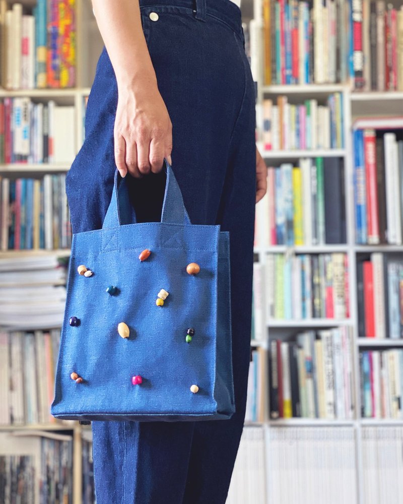 Denim mini tote bag with wood beads - 手提包/手提袋 - 棉．麻 