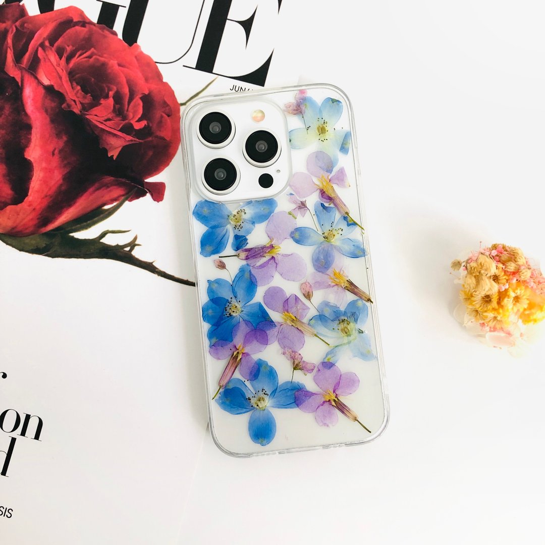 梦幻蓝紫色手作押花手机壳 适用于iPhone 16 Pro Max Samsung S25 - 手机壳/手机套 - 植物．花 