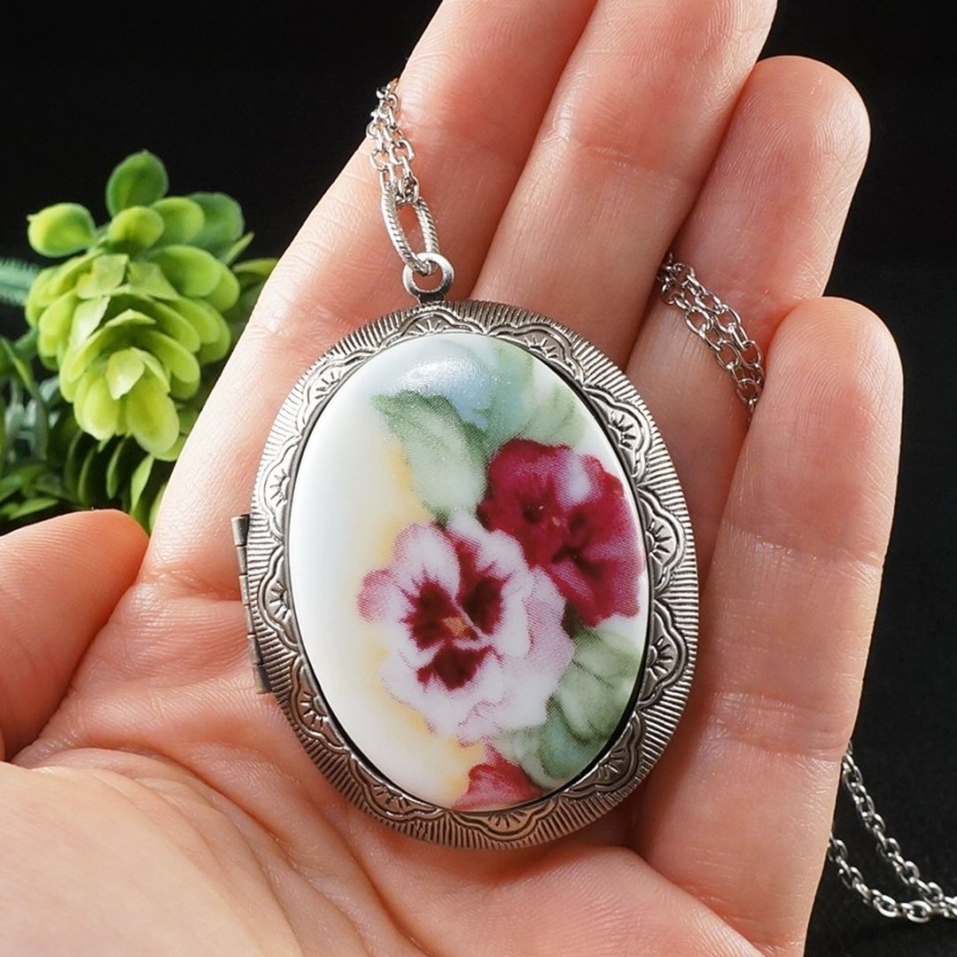Pansy Flowers Photo Locket Porcelain Cameo Oval Silver Pendant Necklace Jewelry - 项链 - 瓷 多色