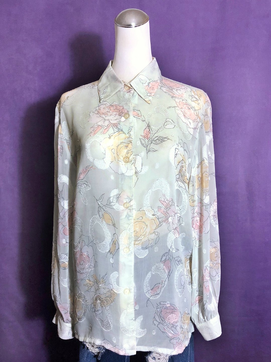 春天粉绿花朵织纹长袖古着衬衫/ 国外带回 VINTAGE - 女装衬衫 - 聚酯纤维 绿色