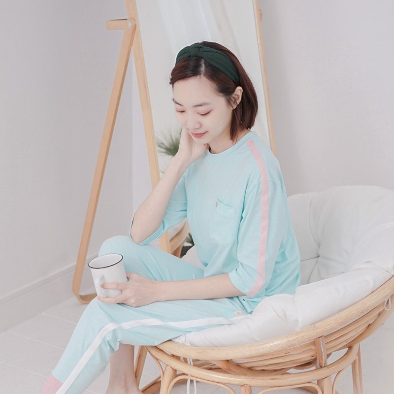 MIT有机棉拼接五分袖居家服-天空蓝 - 居家服/睡衣 - 棉 蓝色