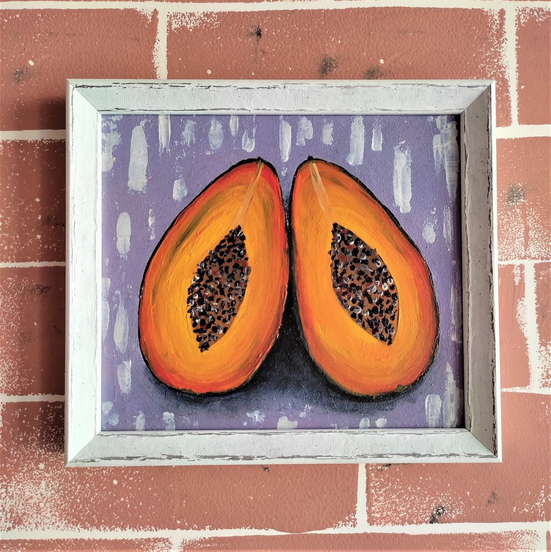 Papaya original painting in a frame / Exotic fruit painting kitchen wall decor - 墙贴/壁贴 - 压克力 多色