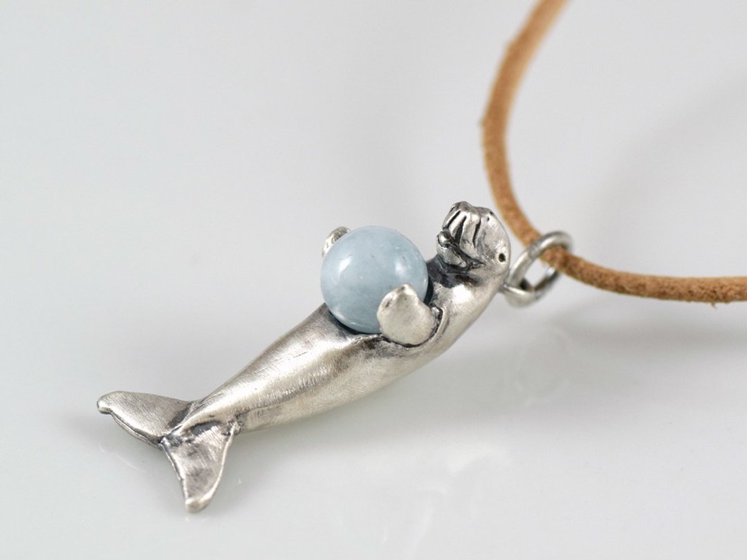 Dugong ball pendant with aquamarine leather strap necklace - 项链 - 半宝石 蓝色