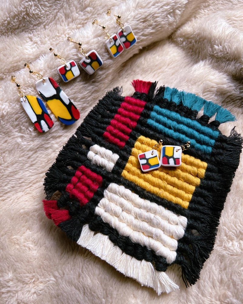 【De Stijl】手造软陶耳环 Macramé杯垫 组合 - 耳环/耳夹 - 其他材质 多色
