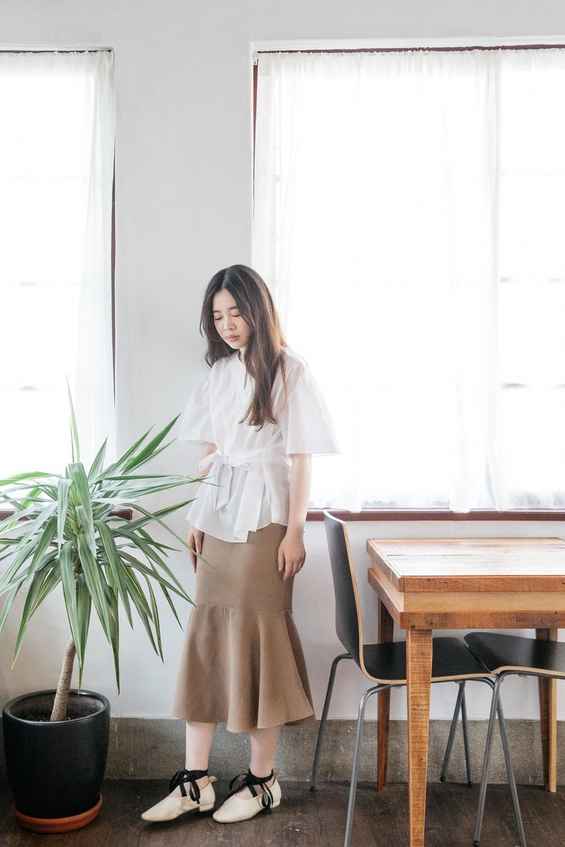 优雅修身驼色鱼尾裙 - 裙子 - 聚酯纤维 卡其色