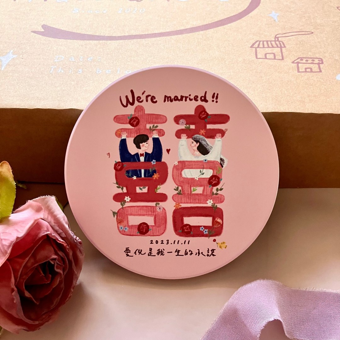 【定制】吸水陶瓷杯垫-吾家有囍 婚礼小物 可爱插画 位上礼 - 摆饰 - 陶 粉红色