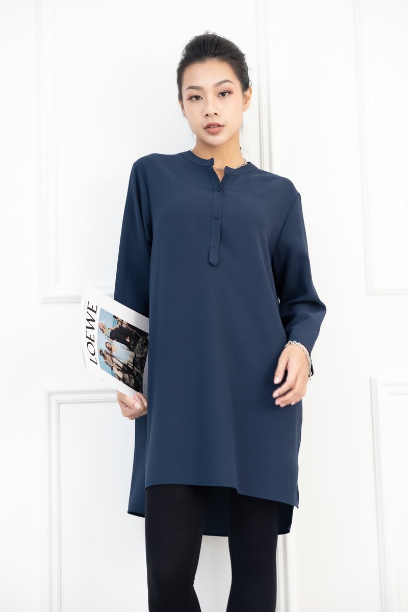 半开襟长袖长版上衣 墨绿色 - 女装上衣 - 其他材质 绿色