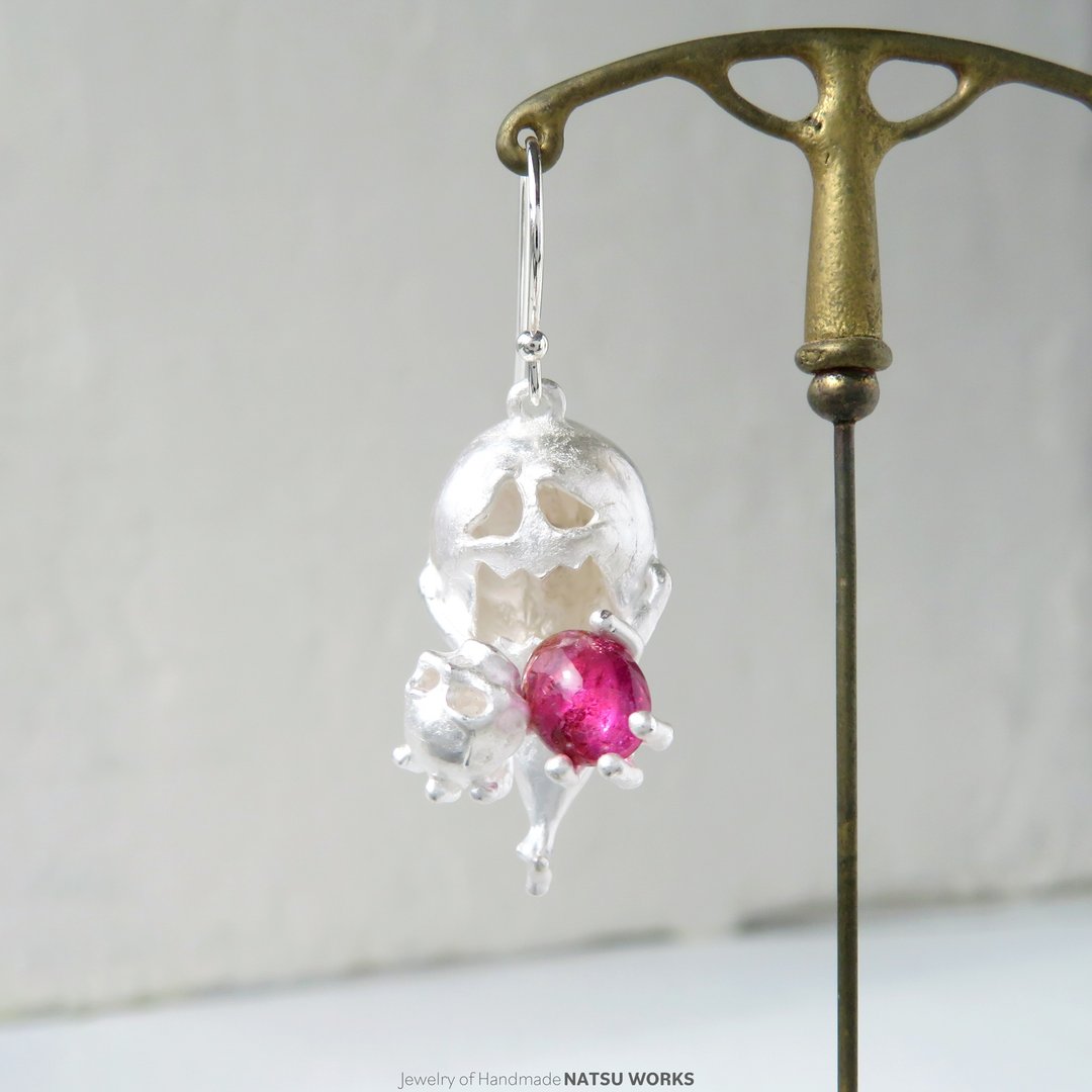 幽灵耳环 / Gem and Ghost Earring 2025 Halloween Tourmaline - 耳环/耳夹 - 宝石 粉红色