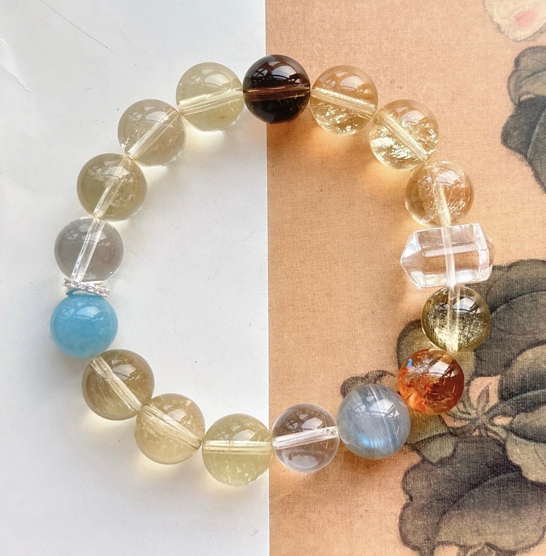 天然柠檬黄水晶 黄塔晶 海蓝宝 灰月光石 白水晶 茶水晶 白水晶 - 手链/手环 - 水晶 